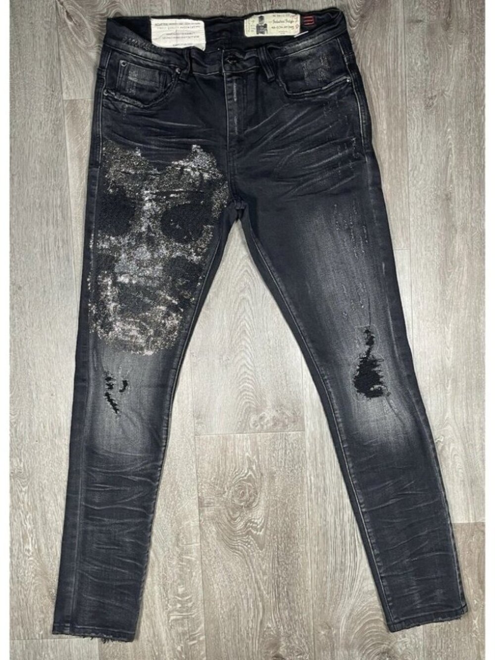 Industrial Indigo Retro Skull Rhinestone Skinny Jeans - Men Size 34 X 33